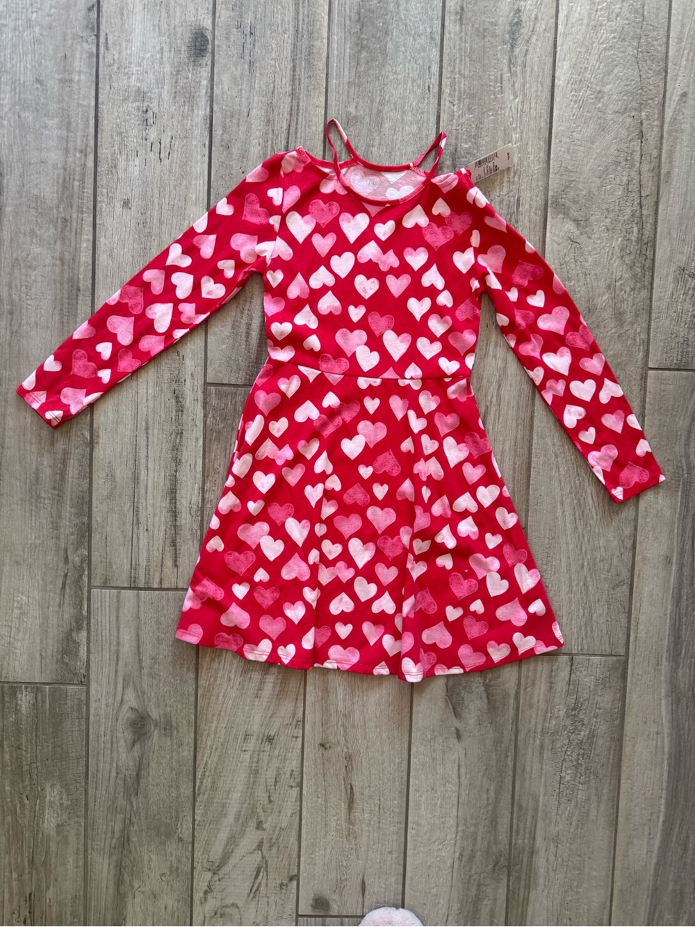 Place Girls' Red Heart Print Long Sleeve Dress